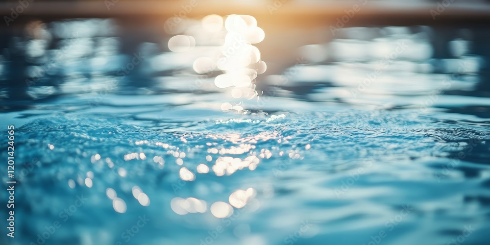 Poster defocused abstract view of shimmering blue water in a swimming pool under the warm sunlight creates 