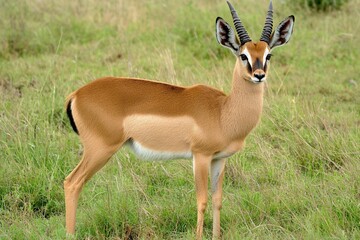 Fototapeta premium A tranquil image of a reedbuck standing alert in a grassy marshland