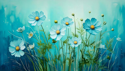 Minimalist Turquoise Wildflowers - Spring Oil Painting