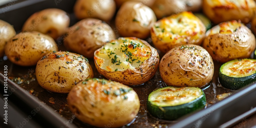 Poster Baked potatoes and zucchini arranged on a baking sheet create an enticing dish. This image showcases baked potatoes alongside zucchini, highlighted with a shallow depth of field for emphasis.