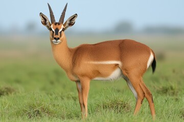 A tranquil image of a reedbuck standing alert in a grassy marshland