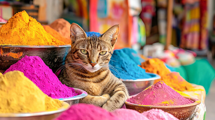 Bengal cat lounging among vibrant Holi festival colors. Concept of cultural celebration, relaxation, vivid colors