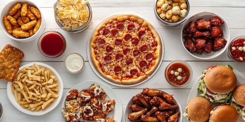 Superbowl themed food arrangement featuring pizza, hamburgers, wings, and snacks, ideal for a football gathering. Overhead view showcases this Superbowl food spread on a white wood background.