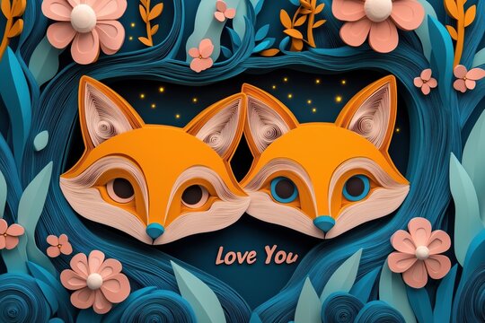 Paper art design featuring two orange foxes with the words 'Love You' in a bright and colorful setting with flowers and leaves