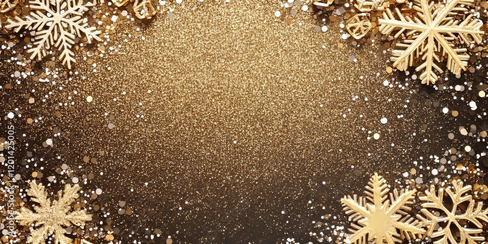 Poster christmas frame adorned with gold snowflakes creates a festive atmosphere. the border features sequi