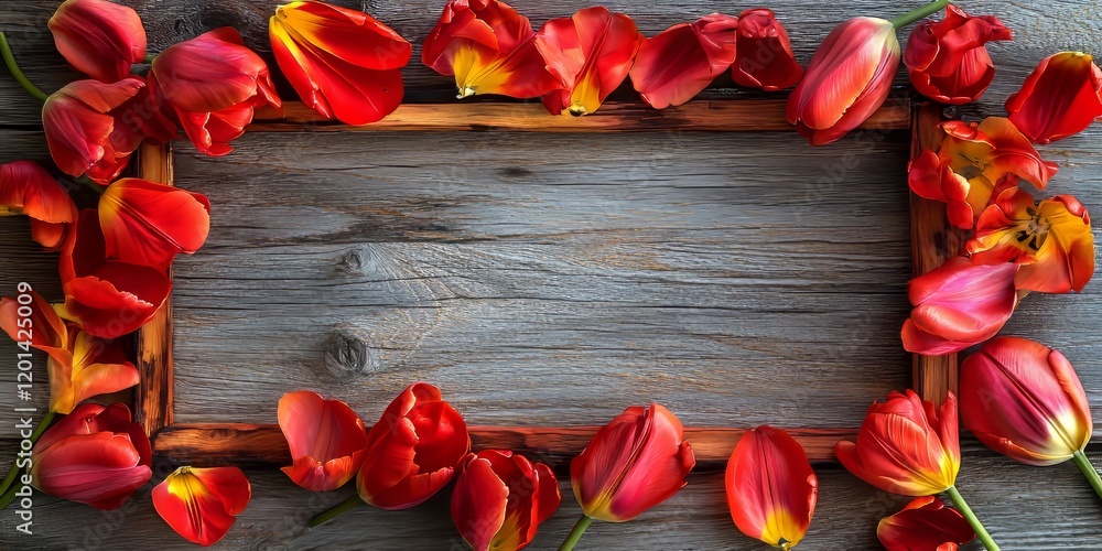 Aufkleber frame crafted from vibrant tulip petals displayed on a rustic wood background, showcasing the beauty