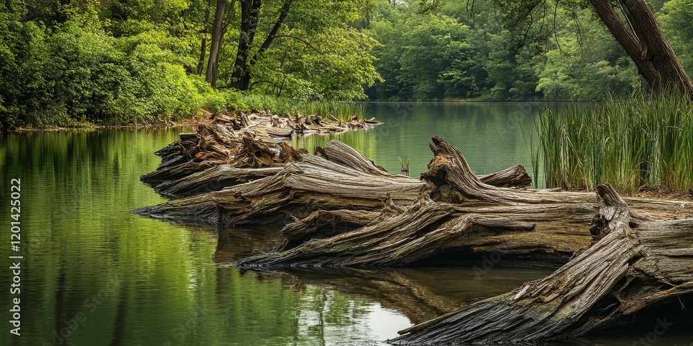 Aufkleber dead tree trunks line the shoreline of a serene pond within a forest park, creating a striking visua