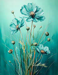 Minimalist Turquoise Wildflowers - Spring Oil Painting