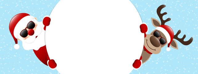 Fototapeta premium Weihnachtsmann Und Rentier Sonnenbrille Rundes Banner Außen Schnee Blau Dunkelrot