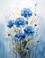 Minimalist Blue Wildflowers - Spring Oil Painting