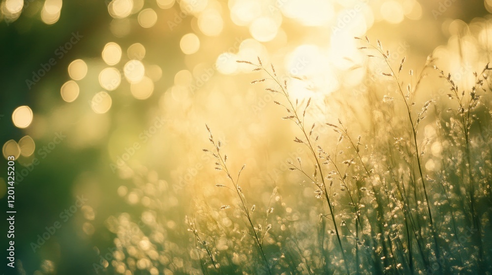 Poster Branches resting on the grass showcase the beauty of the grass illuminated by evening sunlight, creating a serene atmosphere with a beautifully blurred background.