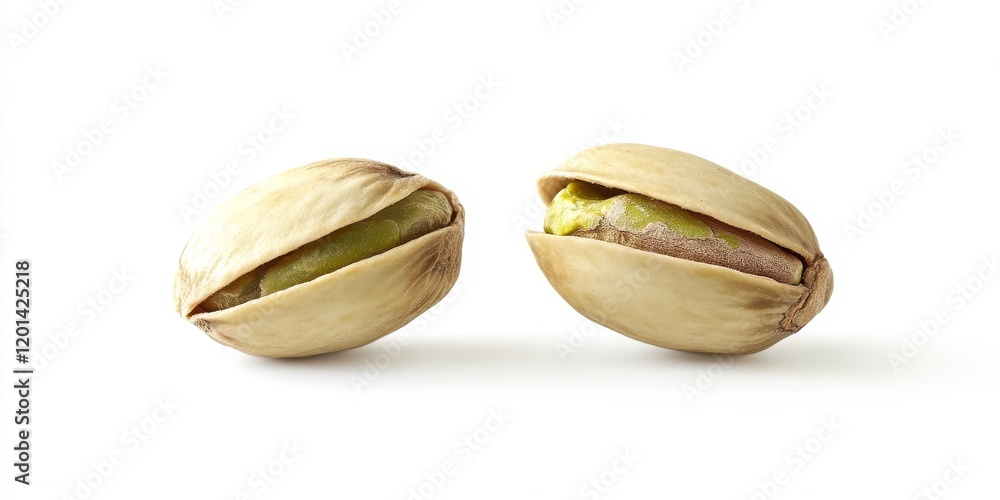 Poster two pistachios isolated on a white background, highlighting the unique texture and color of the pist
