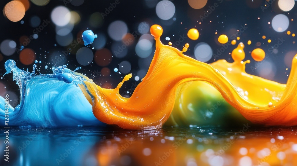 Poster vibrant blue and orange paint splashes collide, creating dynamic waves and droplets against a bokeh 