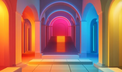 Fototapeta premium Abstract Neon Lit Hallway with Staircase and Arches