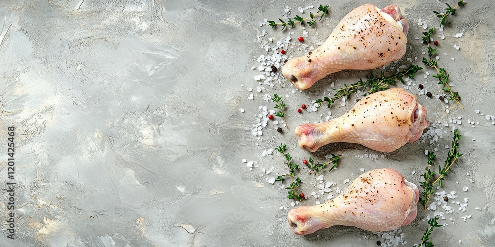 Poster raw chicken legs are flavored with thyme, rock salt, and pepper. the top view reveals the chicken le