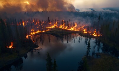 Panoramic view of a forest fire, intense heat and smoke filling the air, capturing the destruction and urgency of ecological crises.