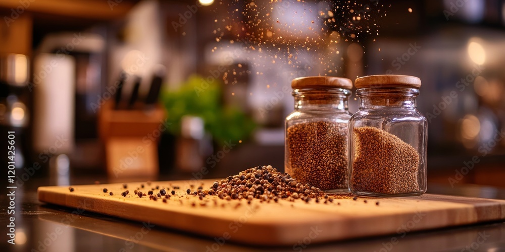 Aufkleber pepper showcased in a glass jar resting on a cutting board in the kitchen. the image features sprink