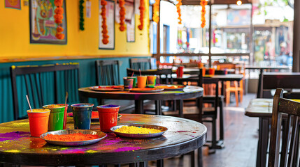 Vibrant Indian Holi Festival Scene in a Colorful Cafe with Powdered Colors and Festive Decorations. Concept of Cultural Celebration, Festive Atmosphere, Traditional Gatherings