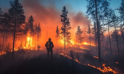 Firefighter stands amidst blazing trees, smoke and firelight surrounding him, a hero battling the destruction of the forest and climate-driven wildfires.