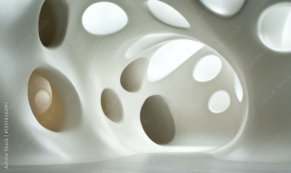 Poster abstract white surface with curved shapes and circular openings