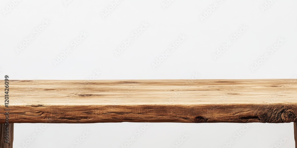 Aufkleber Wooden table set against a white background featuring a subtle vignette effect, highlighting the texture and craftsmanship of the wooden table in an elegant presentation.