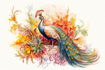 peacock on a white background surrounded by flowers, illustration., watercolor style, Generative AI