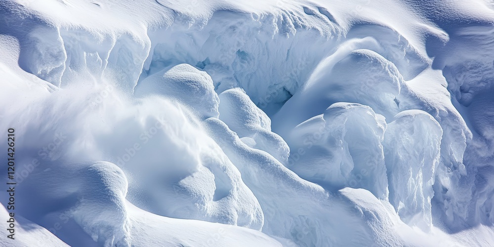 Aufkleber Close up view of a large snow lump at the base of an avalanche, showcasing the intricate textures and shapes formed by snow in an avalanche setting. Snow plays a crucial role in this natural