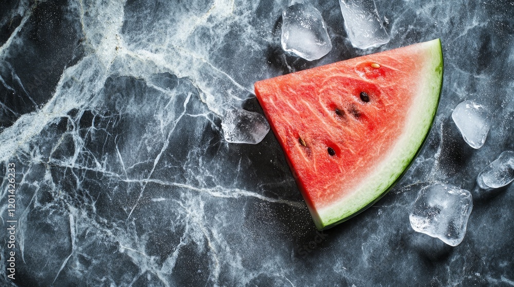 Poster fresh watermelon triangle rests atop icy fragments against a stylish gray marble background, creatin
