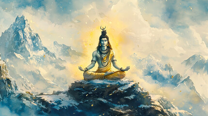 Fototapeta premium Maha Shivaratri Watercolor Art of Lord Shiva Meditating in the Himalayas. Concept of spirituality, divine meditation, serene landscapes