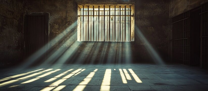Sunbeams Illuminate Dark Prison Cell, Bars Cast Shadows on Floor, Glimmering Hope in Gloom, Ancient Stone Walls, Confinement Imagery