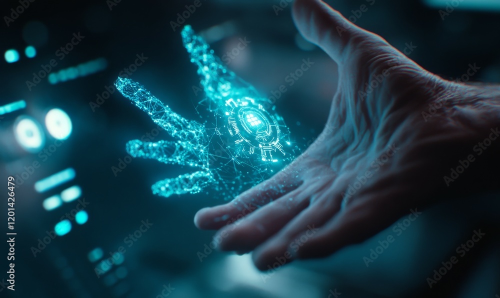 Aufkleber ai at your fingertips: a close-up shot of a hand interacting with a futuristic ai interface, symboli
