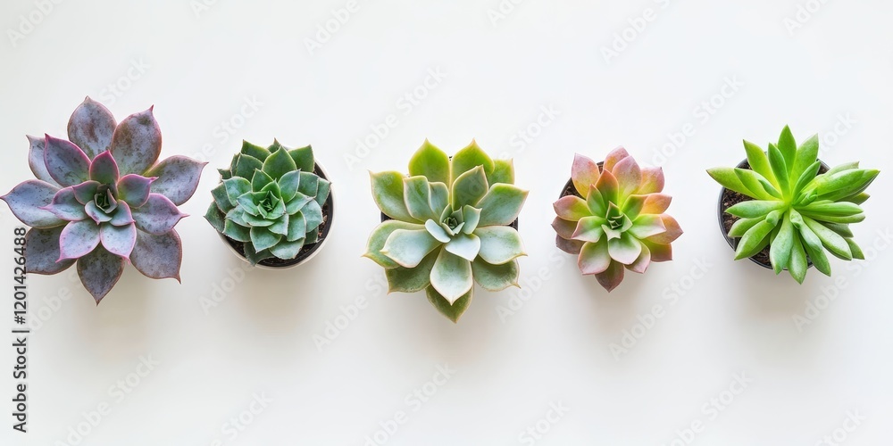 Poster Lively succulents are artistically displayed against a clean white backdrop, creating a stunning visual contrast and highlighting their vibrant colors and unique shapes.
