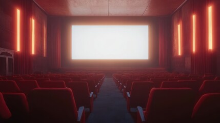 People in the cinema auditorium with Cinema blank wide screen and red chairs in the cinema hall,People silhouettes watching movie performance,empty white screen,space for text,copy space.