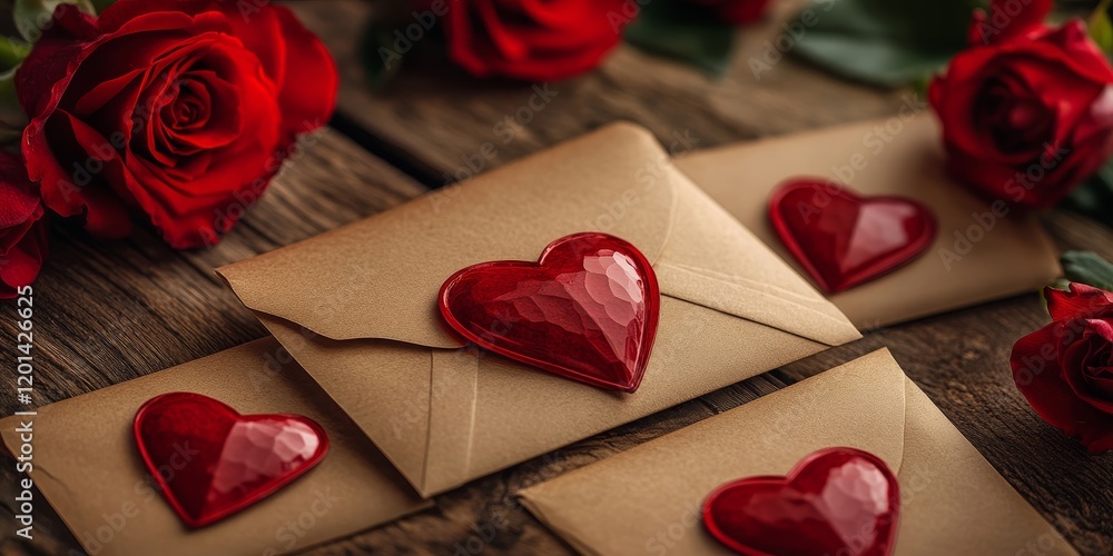 Poster brown paper envelopes adorned with red carved hearts amidst rosebuds create a festive backdrop, emph