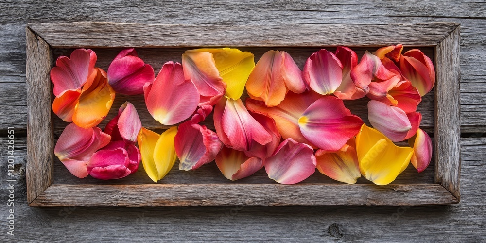 Aufkleber frame crafted from vibrant tulip petals displayed on a rustic wood background, showcasing the beauty