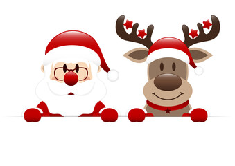 Weihnachtsmann Und Rentier Mit Sternen Halten Horizontales Banner Dunkelrot