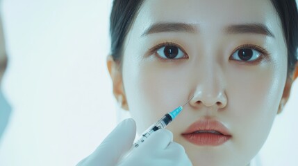 Young asian woman is getting filler her face,getting her lip filler by Plastic surgeon,Woman face being checked doctor hands to cosmetic surgery,rhinoplasty surgery in clinic.