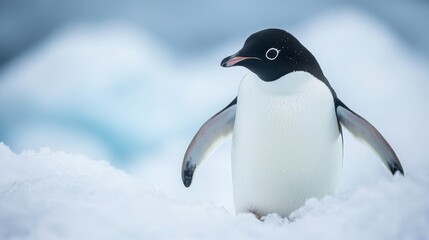 Obraz premium Adelie penguin in a snowy and icy environment showcases the beauty of Adelie penguins, highlighting their natural habitat of snow and ice, ideal for wildlife enthusiasts.