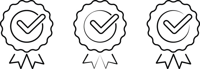 Line art check mark badges with ribbons winning award prize medal.