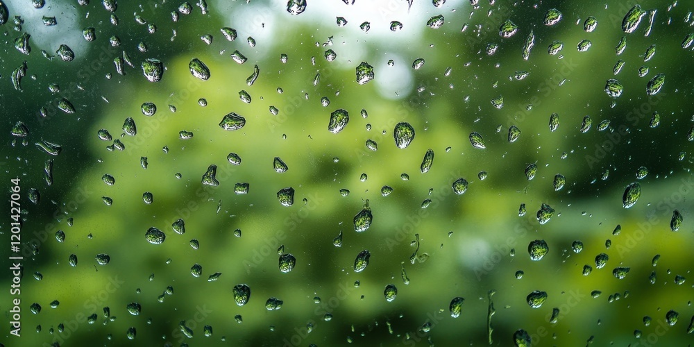 Poster raindrops on the window pane create a serene atmosphere. the silhouettes of blurred green trees are 
