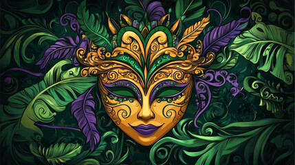 Naklejka premium Mardi Gras Golden Decorative Mask with Purple and Green Feathers, Celebration Art Illustration