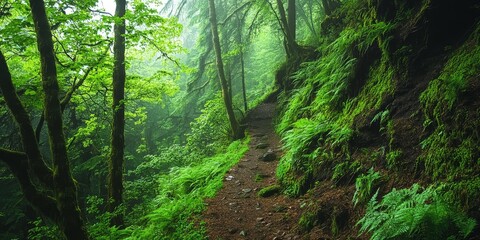 Obraz premium A lush forest along a hiking trail in a dramatic gorge, showcasing the beauty of nature within a serene environment ideal for hiking enthusiasts and nature lovers. Enjoy the forest experience.