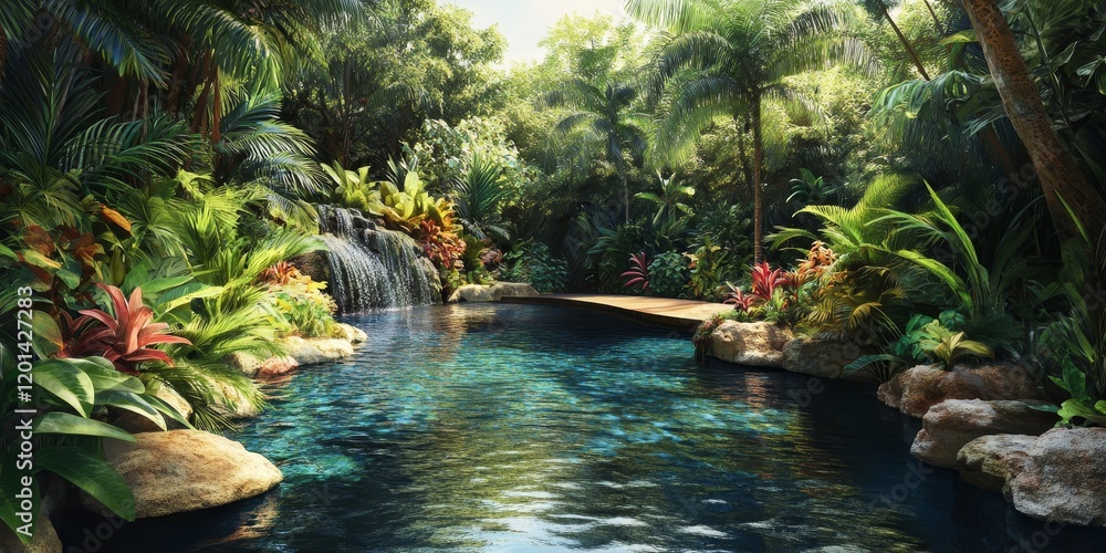 Poster a serene reflective pool encircled by lush tropical vegetation creates a tranquil atmosphere in this