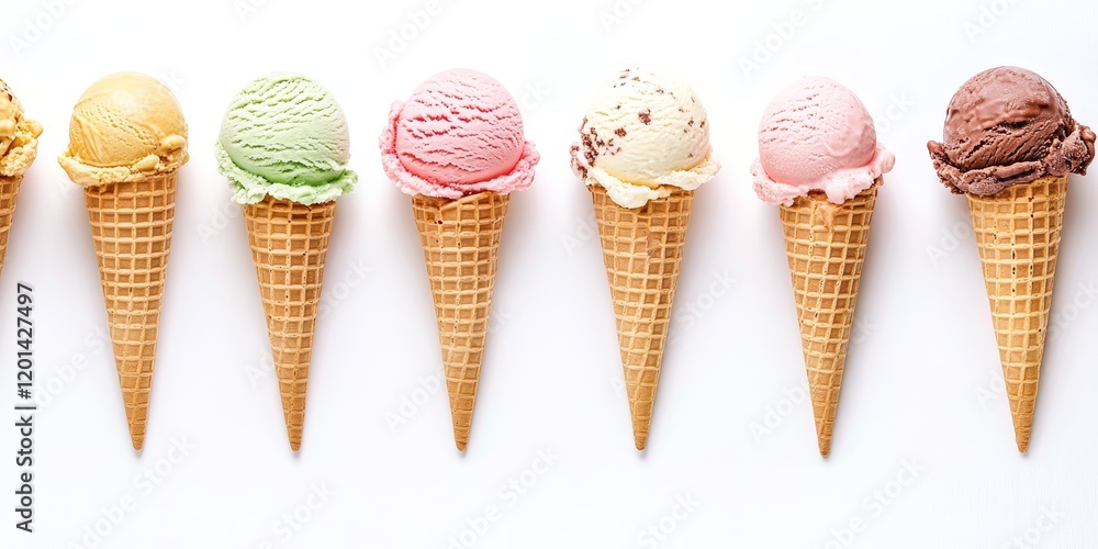 Poster a variety of ice cream cones are presented against a white background, showcasing an assortment of f
