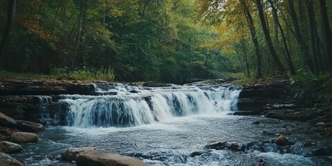 A river cascades over stones within a wooded area, creating a beautiful display of water flowing down the rocky surface amidst the serene forest surroundings.