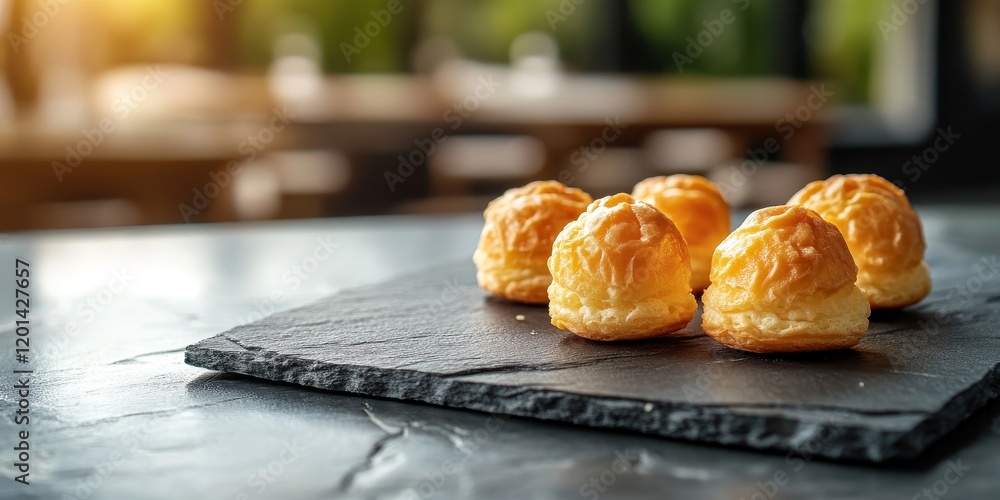 Poster profiteroles arranged on a gray stone tabletop create an appealing presentation, showcasing the deli