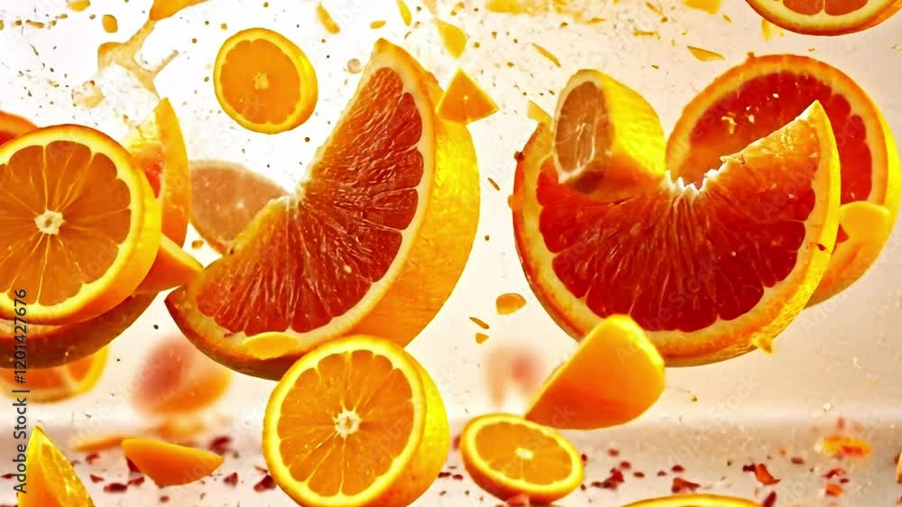 Aufkleber in a striking display, oranges are bursting apart, sending juice and fruit pieces flying in differen