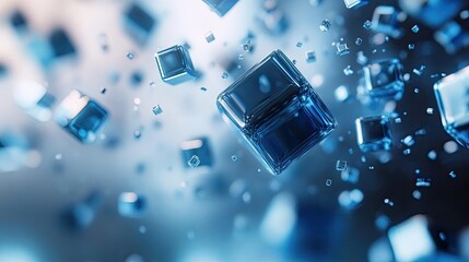 Flying Blue Cubes on White Background: A dynamic 3D scene with blue cubes floating against a white backdrop, evoking modernity, technology, and abstract art. Ideal for tech, digital, or creative 