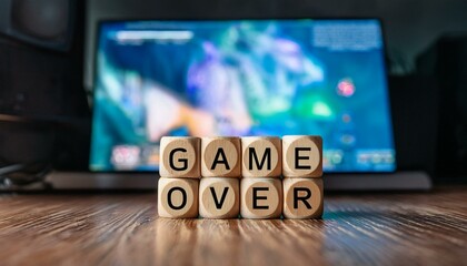 試合終了のゲームオーバーを意味する英語のフレーズGAME OVERの文字が書かれたキューブブロック。 aiで生成