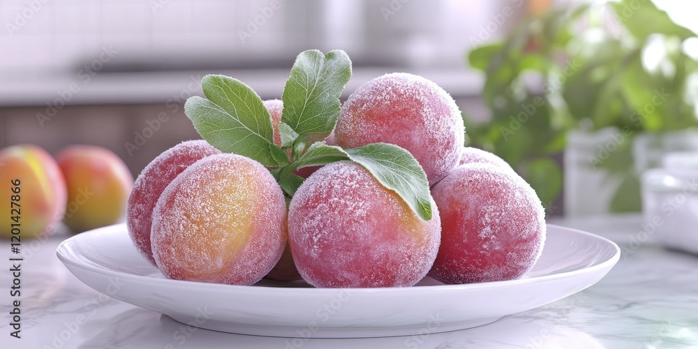 Poster plum frost displayed on a white plate highlights the vibrant colors. the frost on the plum adds a co